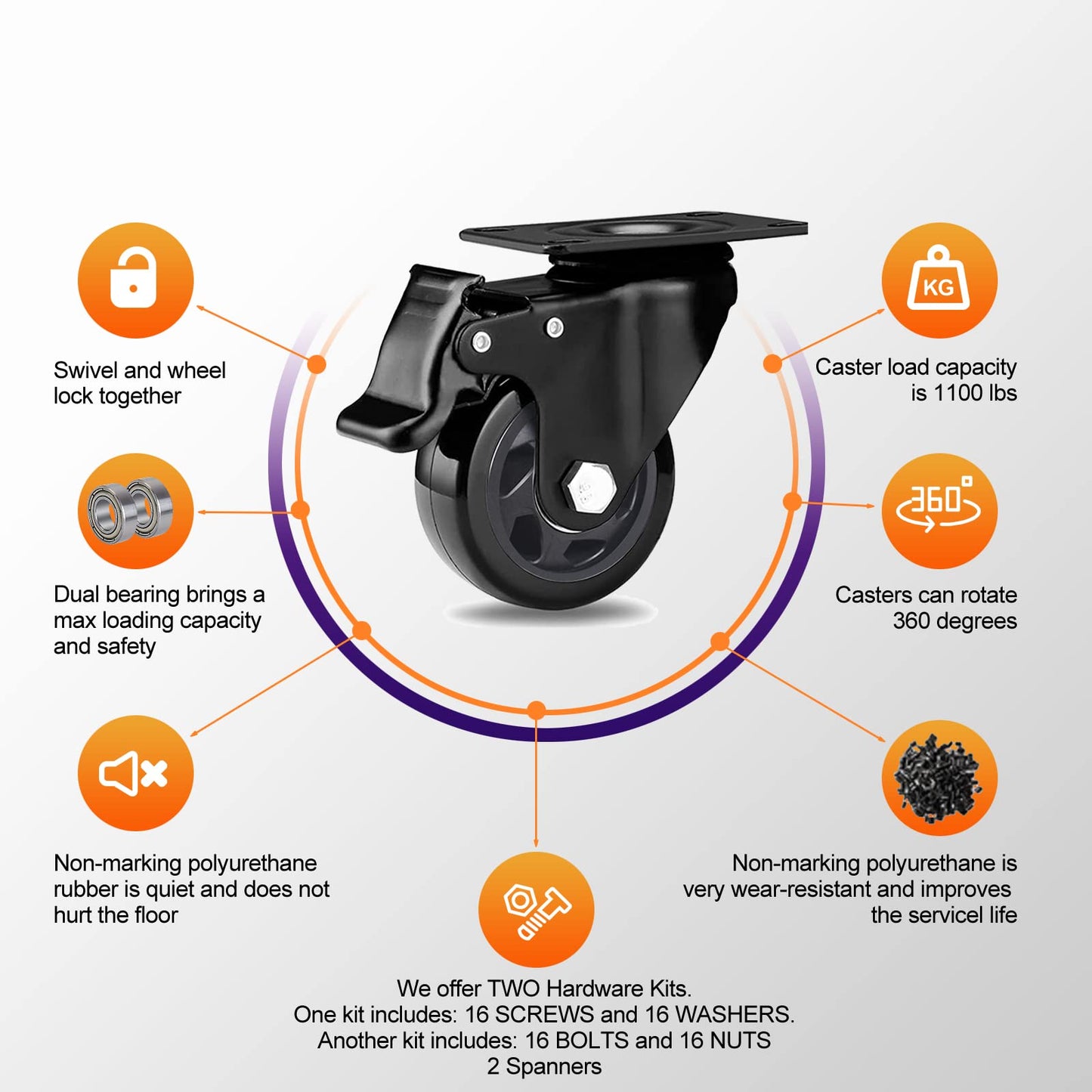 Swivel Caster Wheels 1100lbs,3 Inch Casters Set of 4,Heavy Duty Casters with Brake,YAEMIKY Premium Dual Locking Castors with Plate for Cart,Furniture,Workbench,Trolley(16pcs Screws Included)