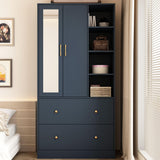 Hitow 2 Door Wardrobe Armoire Closet with Mirror, 35.5" W Wooden Wardrobe Cabinet with Hanging Rod & 2 Drawers, Bedroom Armoire Dresser Clothes Organizer, Blue Hitow