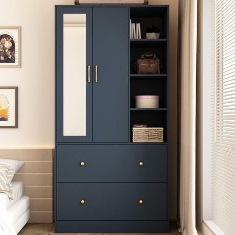 Hitow 2 Door Wardrobe Armoire Closet with Mirror, 35.5" W Wooden Wardrobe Cabinet with Hanging Rod & 2 Drawers, Bedroom Armoire Dresser Clothes Organizer, Blue Hitow