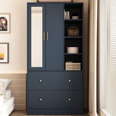 Hitow 2 Door Wardrobe Armoire Closet with Mirror, 35.5" W Wooden Wardrobe Cabinet with Hanging Rod & 2 Drawers, Bedroom Armoire Dresser Clothes Organizer, Blue