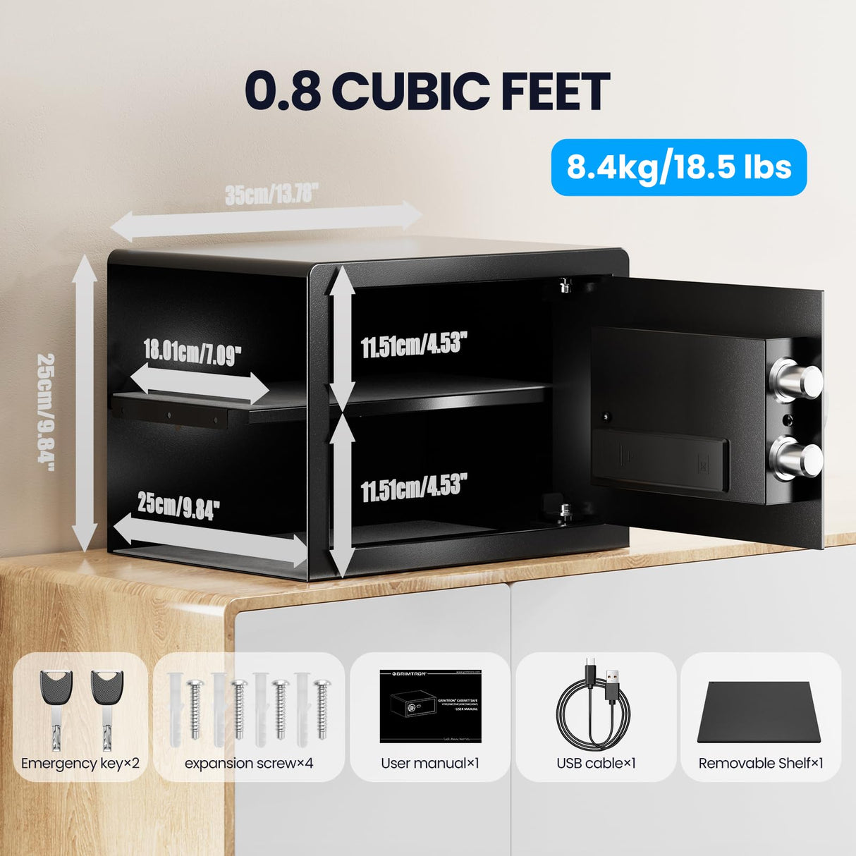 Grimtron Smart Biometric Safe - (0.80 cu. ft.) Fingerprint Lock Box with Silent Mode, Backlit Keypad and LED Light, Small Caja Fuerte with Anti-Rust and Anti-Theft Grimtron