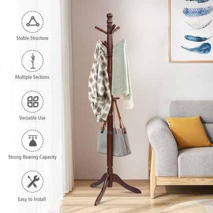 Tangkula Wood Coat Rack Freestanding, Entryway Height Adjustable Coat Stand with 9 Hooks & Stable Tri-Legged Base, Rubber Wood Coat Tree Hall Tree Coat Hanger Stand for Home Office Hall Entryway