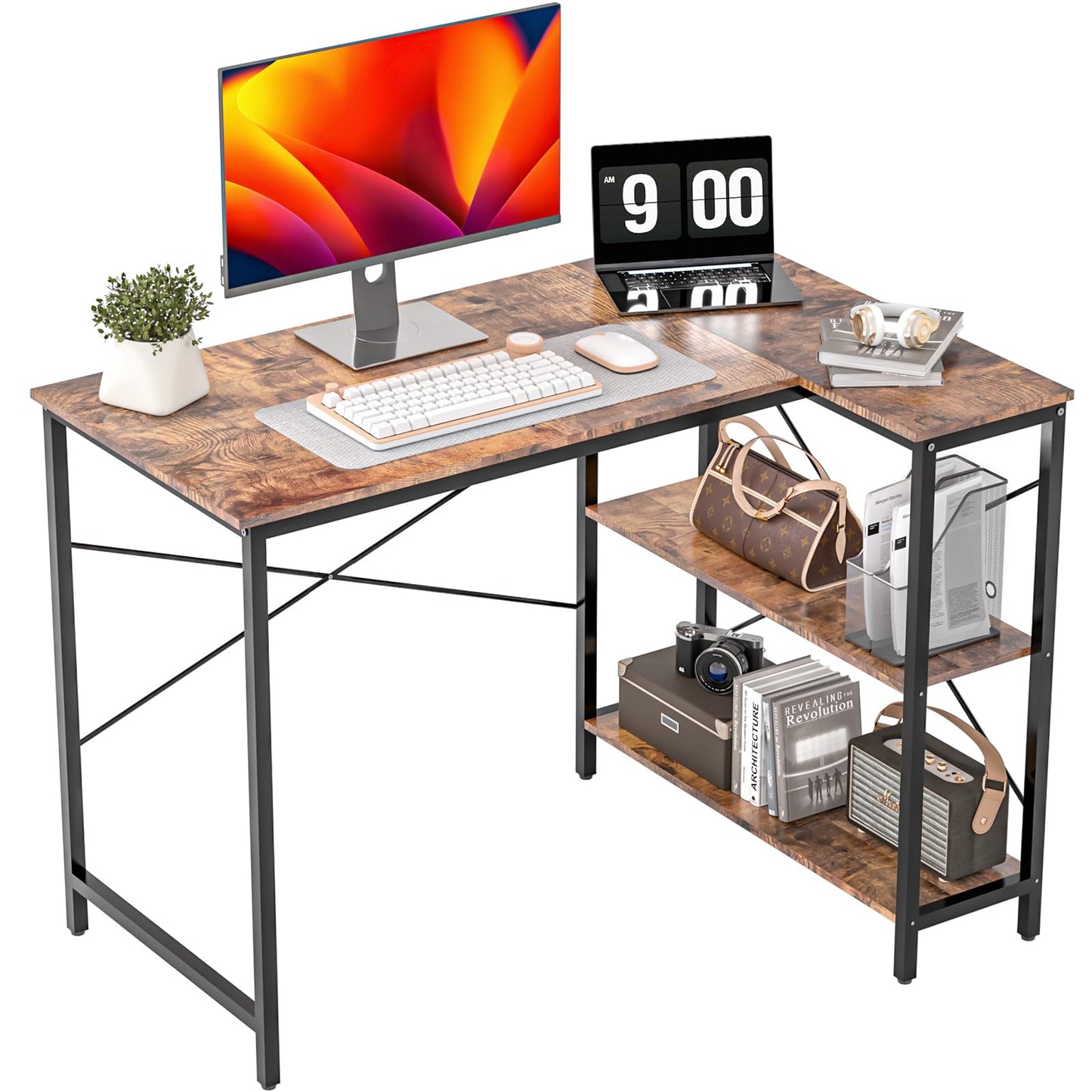 WASAGUN Small Computer Desk,40 Inch L Shaped Desk with Storage Shelves,Gaming Desk,Home Office Corner Reversible Pc Desk,Study Writing Table,Brown