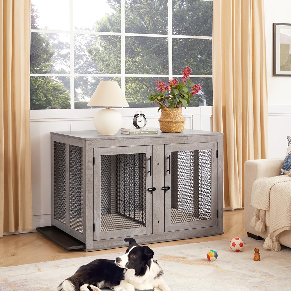 unipaws Extra Large Dog Crate Furniture with Divider for 2 Dogs, Wooden Dog Kennel for XLarge Breed, Indoor Decorative XL Wood Dog Cage, Inside Side End Table Crate with Tray, for Dogs Up to 90 lbs unipaws