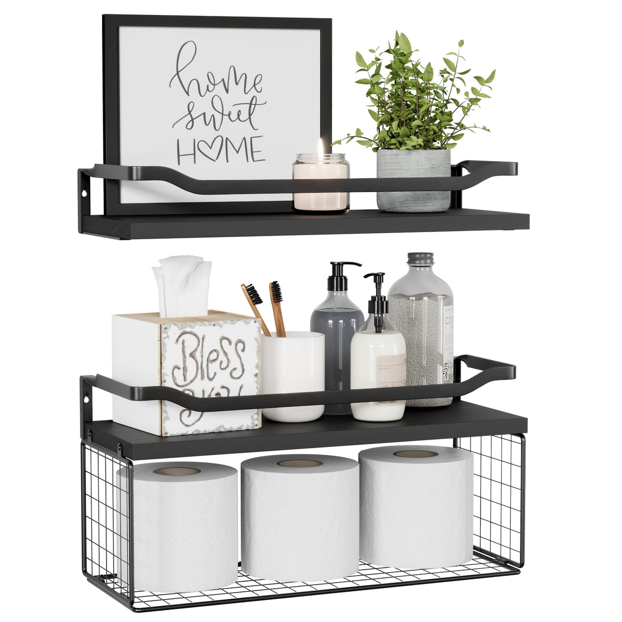 WOPITUES Floating Shelves with Wire Storage Basket, Bathroom Shelves Over Toilet with Protective Metal Guardrail, Wood Wall Shelves for Bathroom, Bedroom, Living Room, Toilet Paper-Black WOPITUES