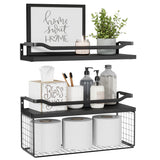 WOPITUES Floating Shelves with Wire Storage Basket, Bathroom Shelves Over Toilet with Protective Metal Guardrail, Wood Wall Shelves for Bathroom, Bedroom, Living Room, Toilet Paper-Black WOPITUES