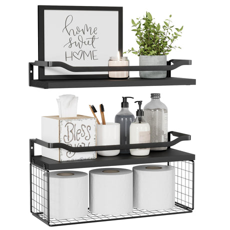 WOPITUES Floating Shelves with Wire Storage Basket, Bathroom Shelves Over Toilet with Protective Metal Guardrail, Wood Wall Shelves for Bathroom, Bedroom, Living Room, Toilet Paper-Black WOPITUES