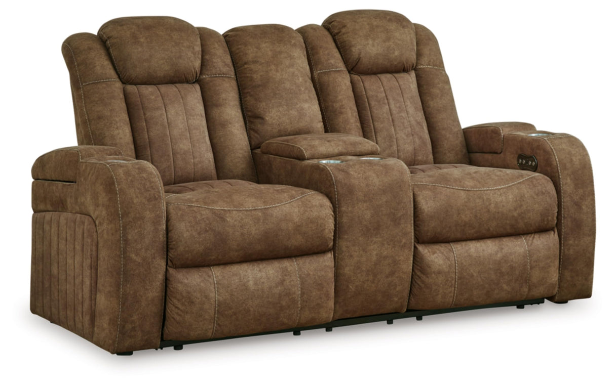 Signature Design by Ashley Wolfridge Contemporary Faux Leather Power Reclining Loveseat with Console, Cup Holders and USB Ports, Light Brown Signature Design by Ashley
