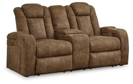 Signature Design by Ashley Wolfridge Contemporary Faux Leather Power Reclining Loveseat with Console, Cup Holders and USB Ports, Light Brown Signature Design by Ashley