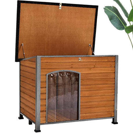 Dog House Outdoor Insulated Dog House for Small Medium Large Dogs, Natural Wood with Iron Frame, Waterproof Roof Raised Feet MEDEHOO