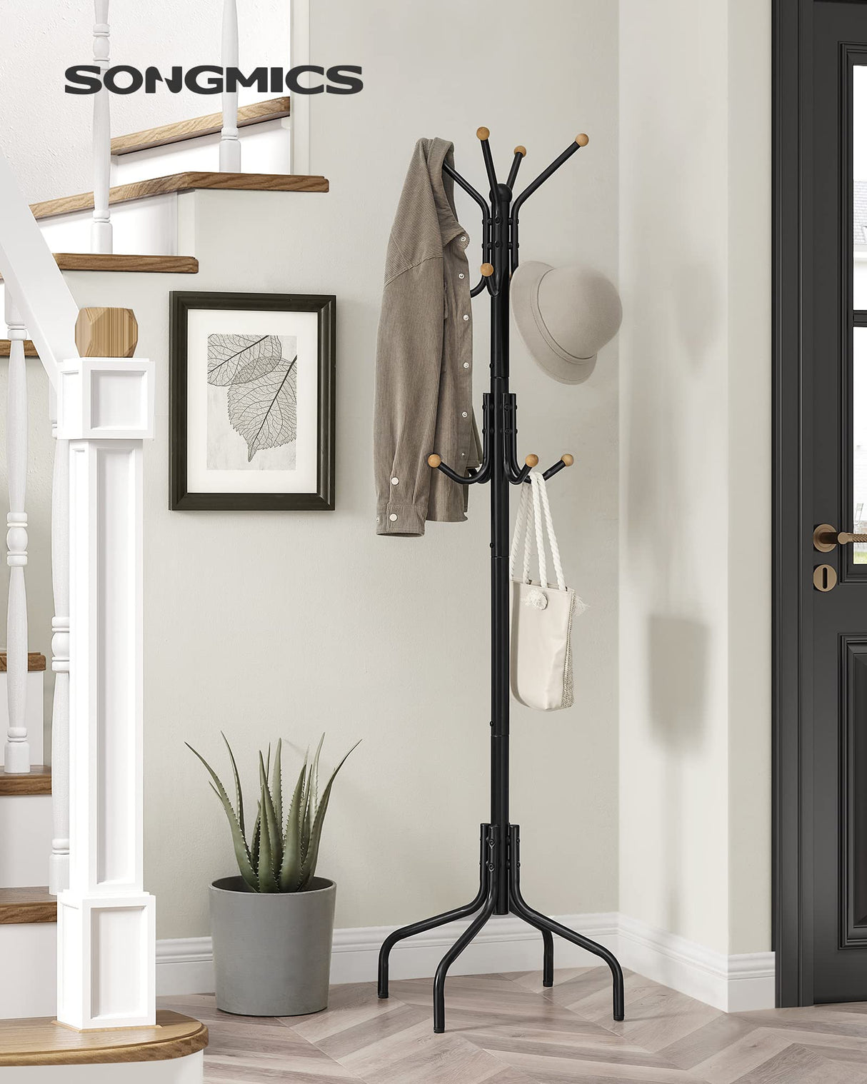 SONGMICS Coat Rack Freestanding, Metal Coat Rack Stand with 12 Hooks and 4 Legs, Coat Tree, Holds Clothes, Hats, and Bags, for Entryway, Living Room, Bedroom, Classic Black URCR031B01 SONGMICS