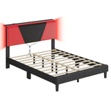 Bestier Queen Bed Frame with Headboard and LED Light, Faux Leather Upholstered Platform Bed with Storage Shelf, Gaming Style Bed Base, Wood Slat Support, Never Squeaks, No Box Spring(Black-Red) Bestier