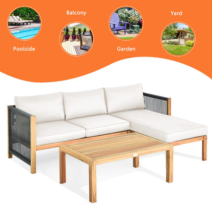 Tangkula L Shape Outdoor Furniture Set, 3 Piece Acacia Wood Patio Conversation Set, with 2 loveseats and Coffee Table, Garden Backyard Poolside Patio Seating Set (White) - WoodArtSupply