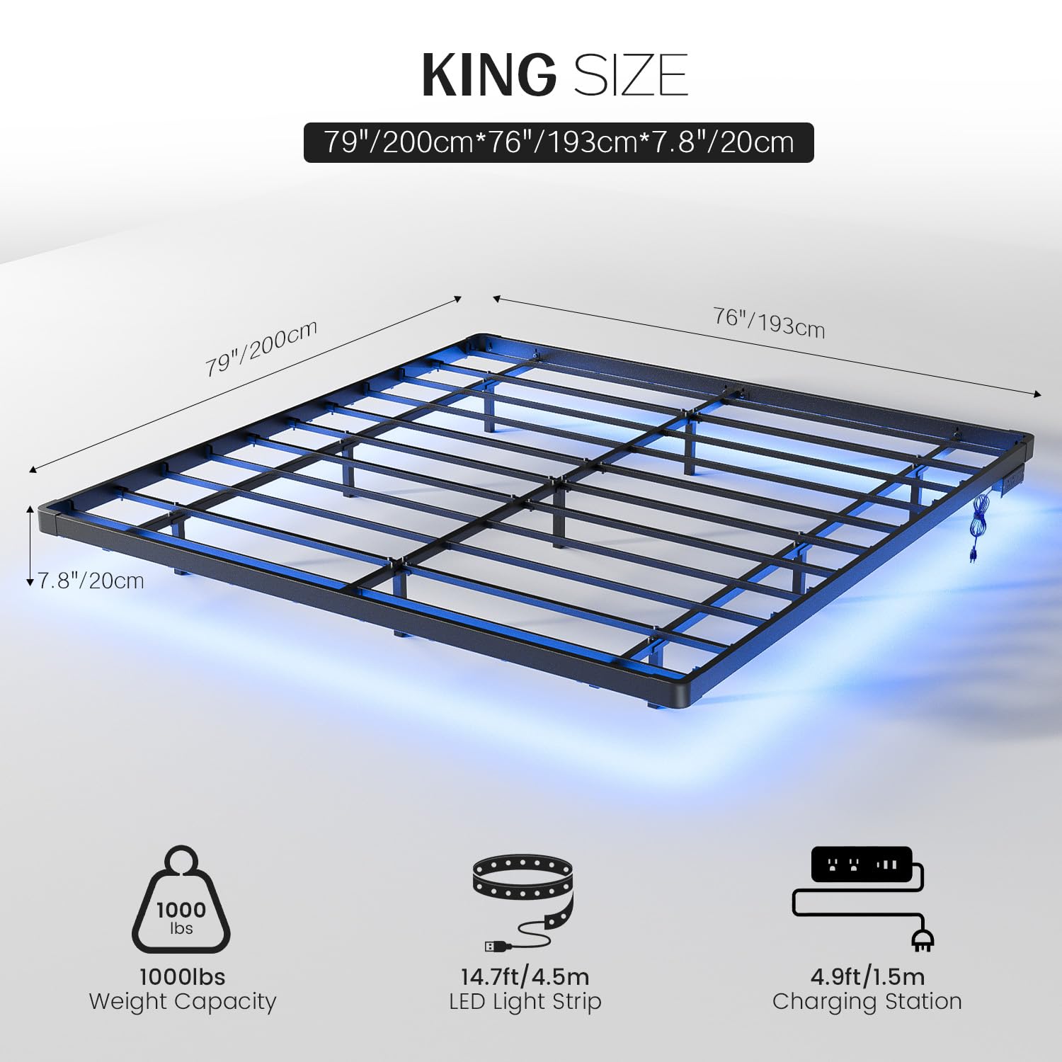 OLEVS King Size Floating Bed Frame with LED Lights and Charging Station - Stylish Metal Platform, No Box Spring Required - WoodArtSupply