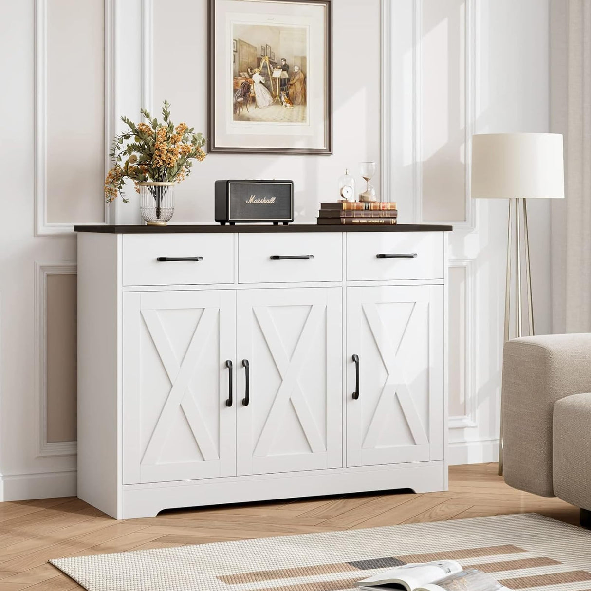 HOSTACK Modern Farmhouse Buffet Sideboard Cabinet, Barn Doors Storage Cabinet with Drawers and Shelves, Wood Coffee Bar Cabinet with Storage for Dining Room, Kitchen, Living Room, White/Black HOSTACK