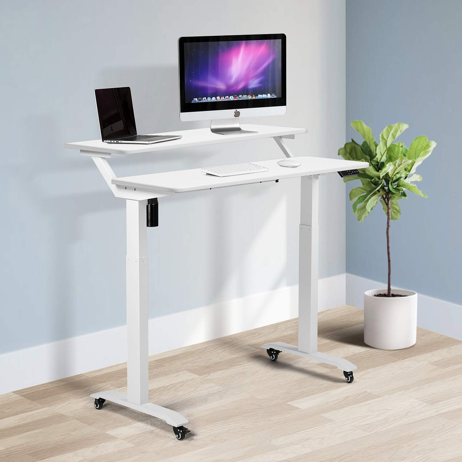 UNICOO - 2 Tier Electric Height Adjustable Standing Desk with Wheels, Electric Mobile Standing Workstation, Sit Stand Desk Home Office Desk Whole-Piece Desk Board 48 * 24 in (KT1002-WW) 2Tier - WoodArtSupply