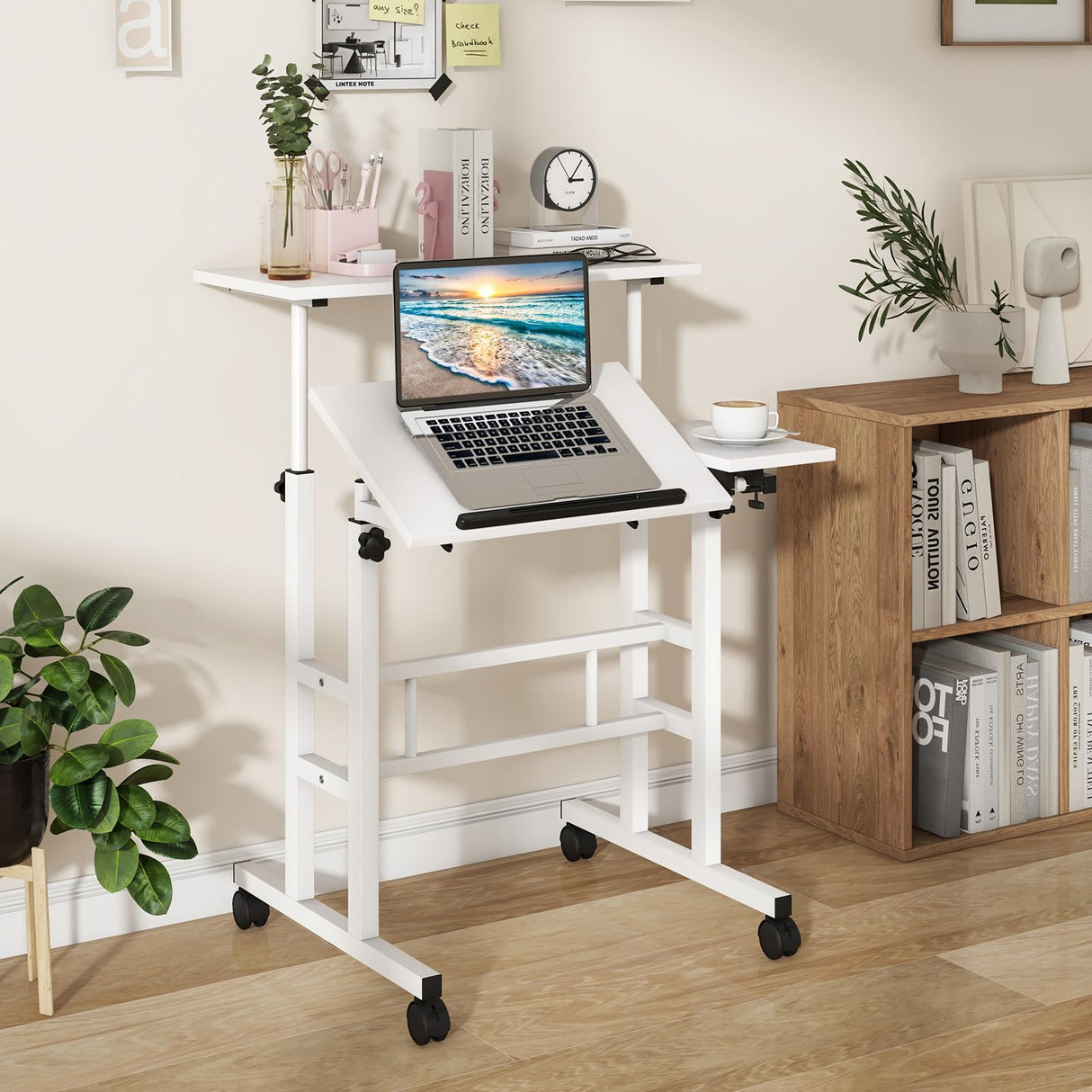 Tangkula Mobile Standing Desk Stand Up Desk, Height Adjustable Home Office Desk with Standing & Seating 2 Modes, Tilting Tabletop & Flexible Wheels, Rolling Laptop Cart Sit Stand Desk (White) Tangkula