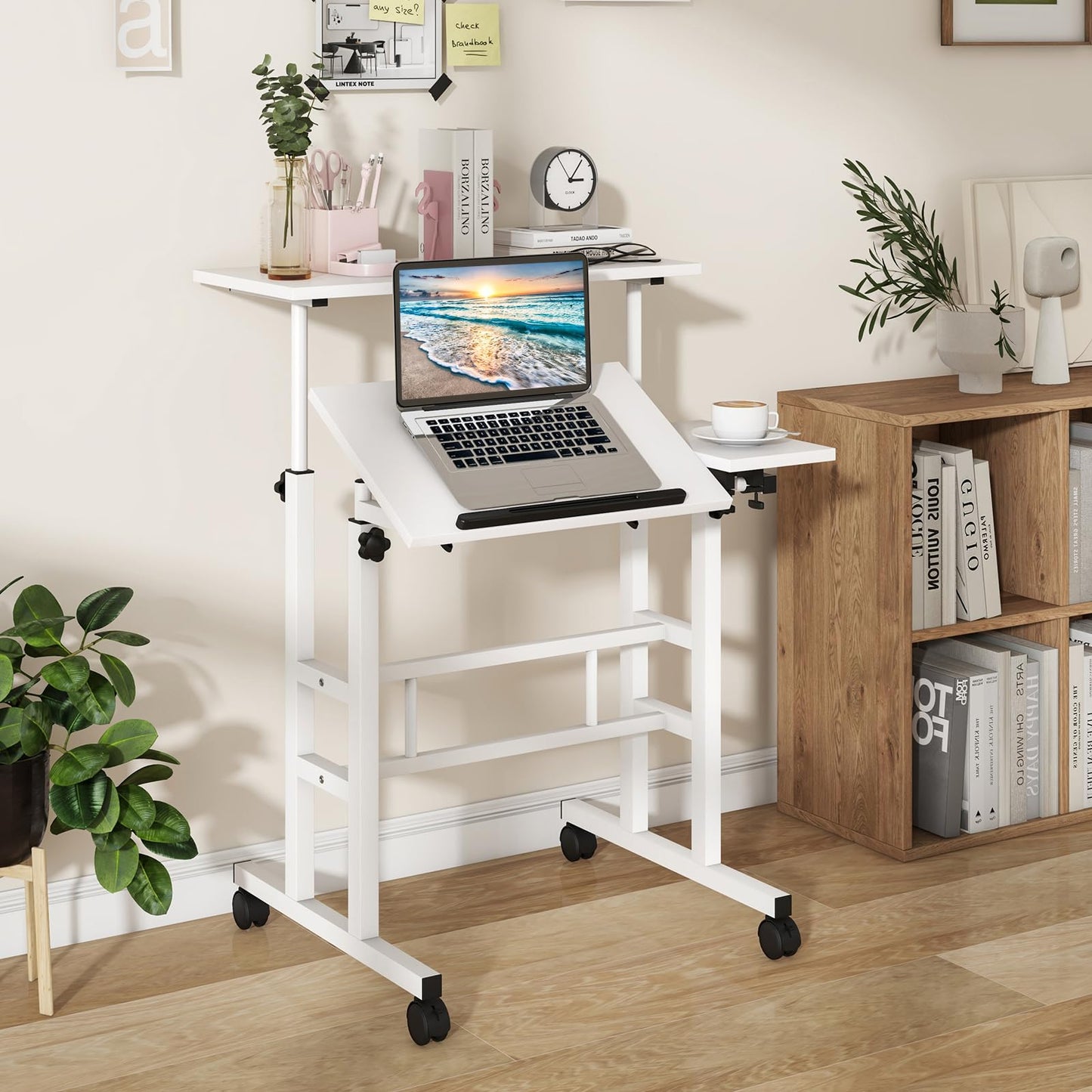 Tangkula Mobile Standing Desk Stand Up Desk, Height Adjustable Home Office Desk with Standing & Seating 2 Modes, Tilting Tabletop & Flexible Wheels, Rolling Laptop Cart Sit Stand Desk (White)