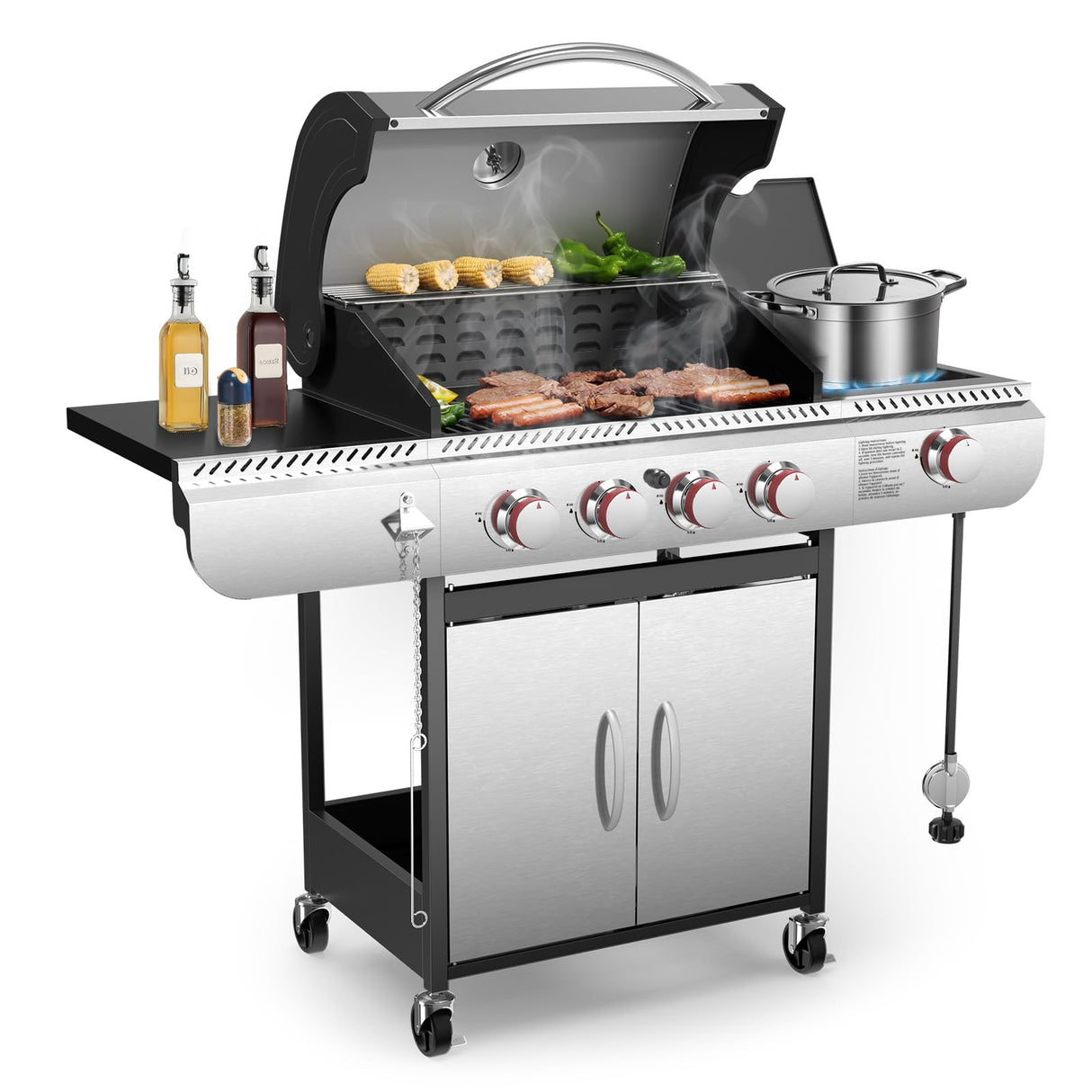4-Burner Gas BBQ Grill with Side Burner, Porcelain-Enameled Cast Iron Grates, Baking Pan, 42,000 BTU Stainless Steel Propane Grill for Outdoor Cooking and Patio Barbecues Electactic
