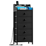REAHOME Dresser for Bedroom with Charging Station and LED Lights, 5 Drawers Dresser Black Chest of Drawers with Shelves, Tall Night Stand with Sturdy Steel Frame & Wood Top for Bedroom - Black Grey REAHOME