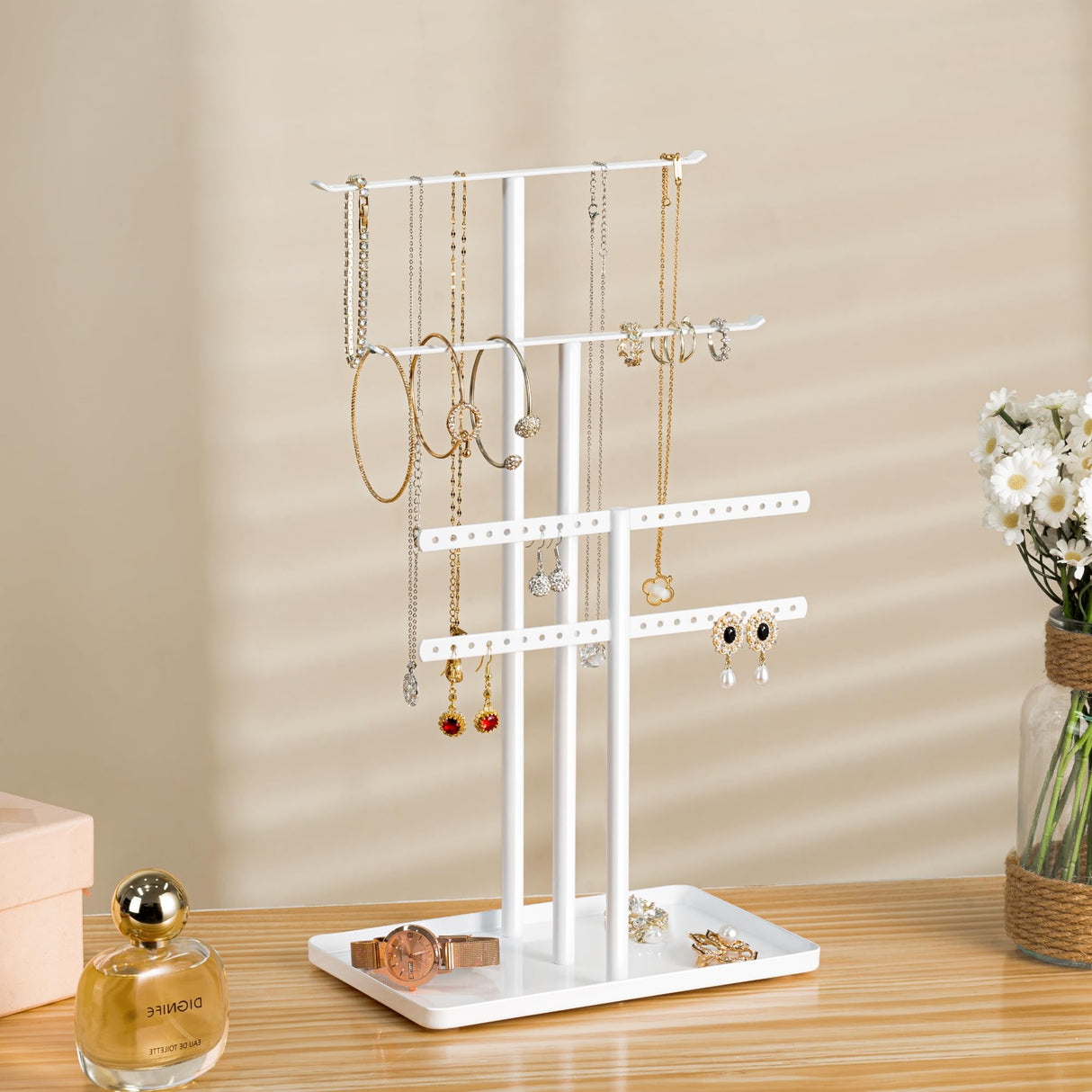 pickpiff Jewelry Stand Organizer, 14.5" Tall Sturdy Metal, 3-TierJewelry Holder for Necklace, Earring, Bracelet, Ring, Hanger for Display and Storage, Aesthetic Room Decor, White pickpiff