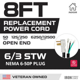 Iron Forge Cable NEMA 6-50 EV Replacement Extension Cord 8 ft with Open End, 50 Amp Power Cord with Eyelet 3 Wire 6/3 Gauge Cord - STW 250V for Level 2 EV Charger & Welder UL Certified IRON FORGE CABLE