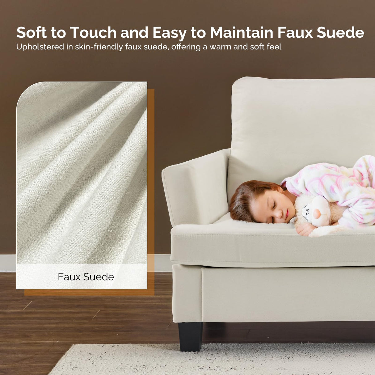 VINGLI White 83" Sofa Couches for Living Room, Faux Suede Modern Comfy 3 Seater Couch 25.6" Deep Seat Upholstery Cozy Sofas for Small Space, Bedroom, Apartment, Home Office VINGLI