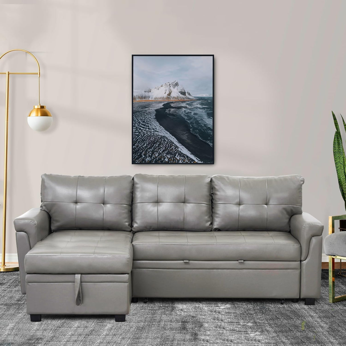 Naomi Home Transform Any Space: Sleeper Sectional Sofa with Convertible Sofa Bed & Inviting Chaise. Find Tranquil Comfort with Stress-Relieving Design & Durable Cushions - Gray/Air Leather Naomi Home