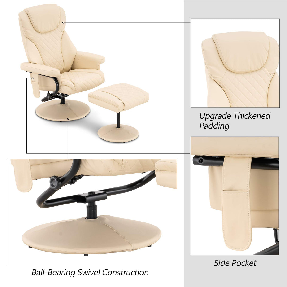 MCombo Recliner with Ottoman, Reclining Chair with Massage, 360 Swivel Living Room Chair Faux Leather, 4901 (Cream White) MCombo