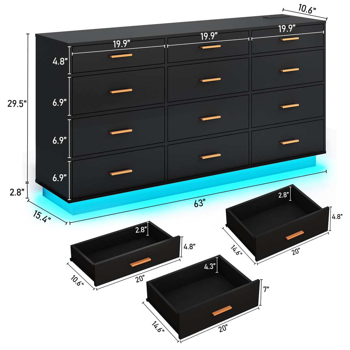 chartustriable Black 12 Drawers Dresser w/Power Outlet,60000-Colors Lights,63In Long Dresser Chest for Bedroom,Wooden Tall Large Capacity Clothing Storage Cabinet for Living Room,Entryway,Hallway chartustriable