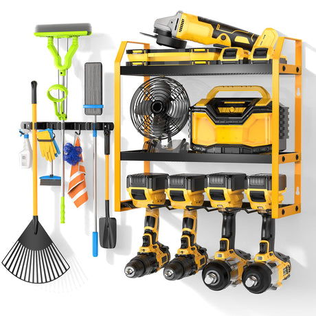 Ferreteriai Power Tool Organizer Wall Mount with Broom Holder Combo, Yellow & Black 3-Tier Garage Storage Rack with Battery Storage, 4 Drill Holder Slots, Heavy Duty Steel 150LB Capacity Ferreteriai