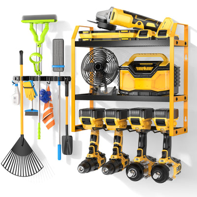 Ferreteriai Power Tool Organizer Wall Mount with Broom Holder Combo, Yellow & Black 3-Tier Garage Storage Rack with Battery Storage, 4 Drill Holder Slots, Heavy Duty Steel 150LB Capacity