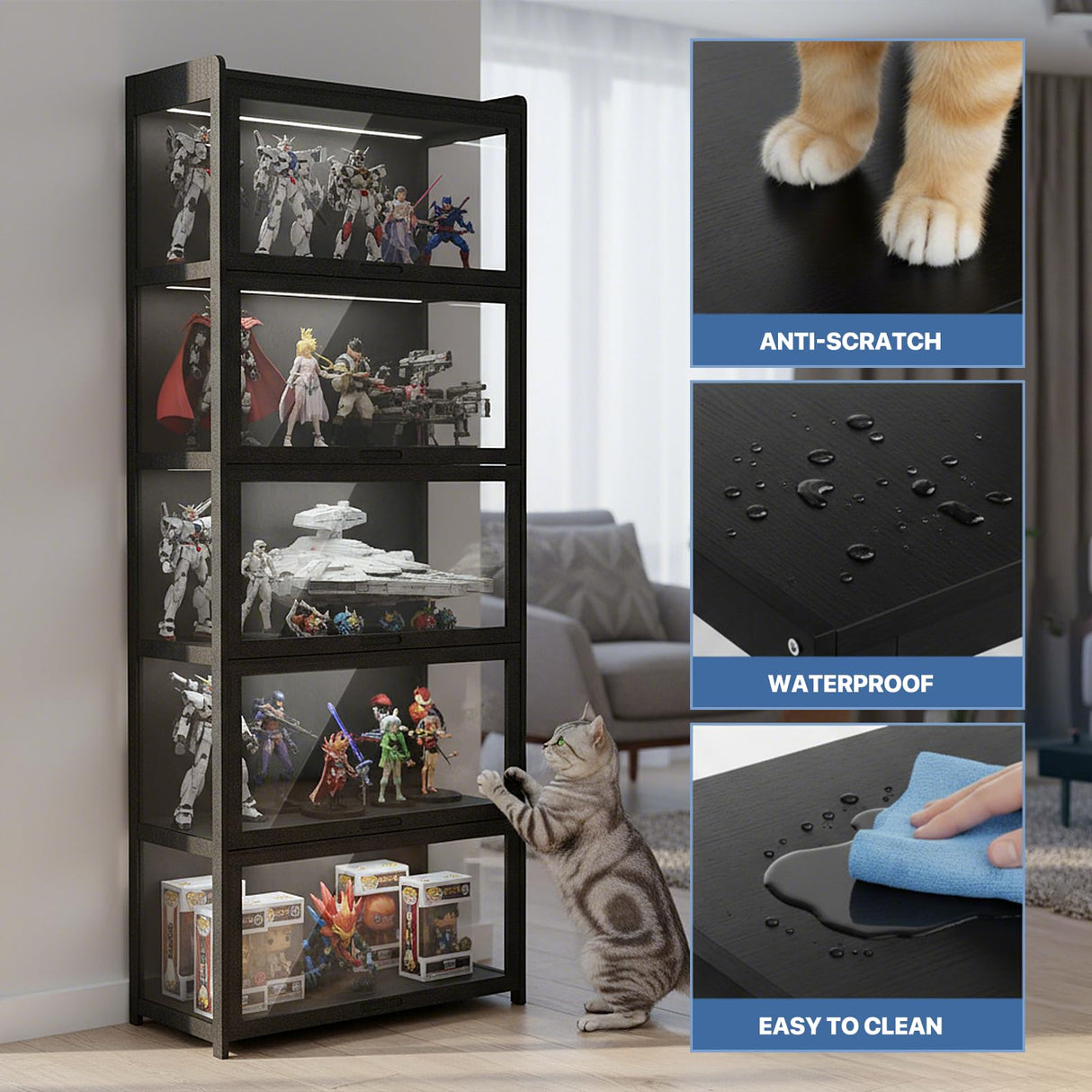 Magshion Display Cabinet with Acrylic Doors, 5-Tier Curio Cabinet for Collectibles, Display Case Showcase for Living Room, Office, 27.5"(L) x 13.5"(W) x 67.5"(H), Black Magshion