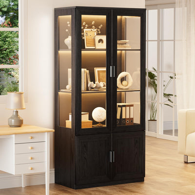 BROTTAR 67" Tall Curio Display Cabinet with Glass Doors, Large Storage Cabinet with LED Lights & Motion Sensor for Collectibles, Book, 4-Tier China Cabinet Bookcase for Living Room (Black)