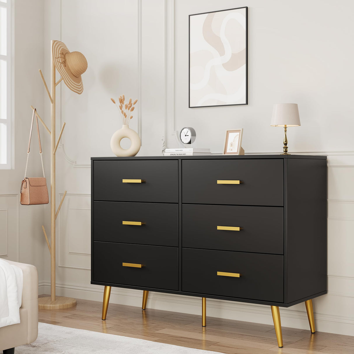 GarveeHome 6 Drawer Dresser, Modern Wooden Dresser with Gold Handles and Storage Space, Chest of Drawers for Bedroom, Hallway, Living Room and Entryway, Black GarveeHome