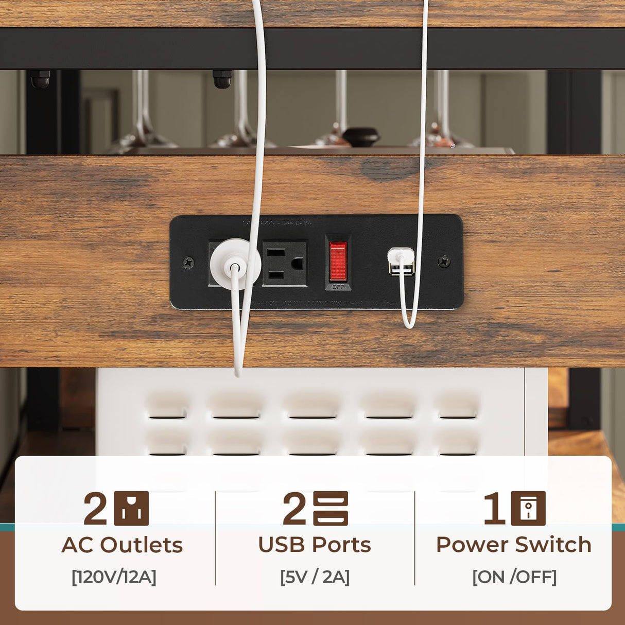 Itaar Rustic Brown Bakers Rack with Power Outlet, LED Light and Ample Storage Itaar