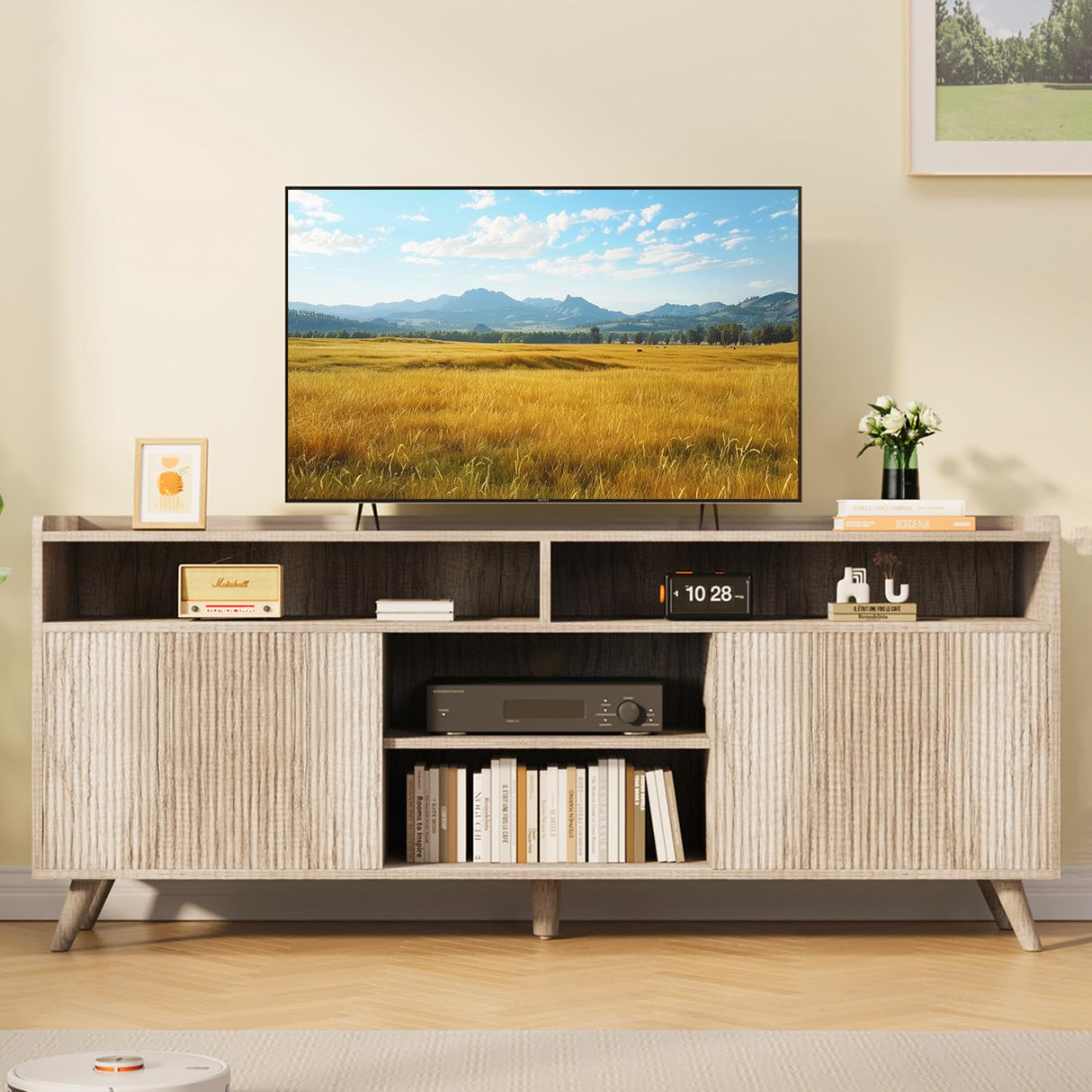 Algglobuy Farmhouse TV Stand for 65 Inch, TV Stands for Living Room with Sliding Doors and Adjustable Shelf, Entertainment Center with Storage Media TV Console Table for Bedroom (Sunwashed Ash Oak) Algglobuy