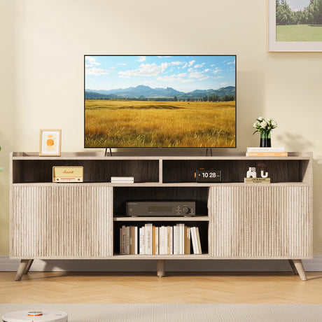 Algglobuy Farmhouse TV Stand for 65 Inch, TV Stands for Living Room with Sliding Doors and Adjustable Shelf, Entertainment Center with Storage Media TV Console Table for Bedroom (Sunwashed Ash Oak) Algglobuy