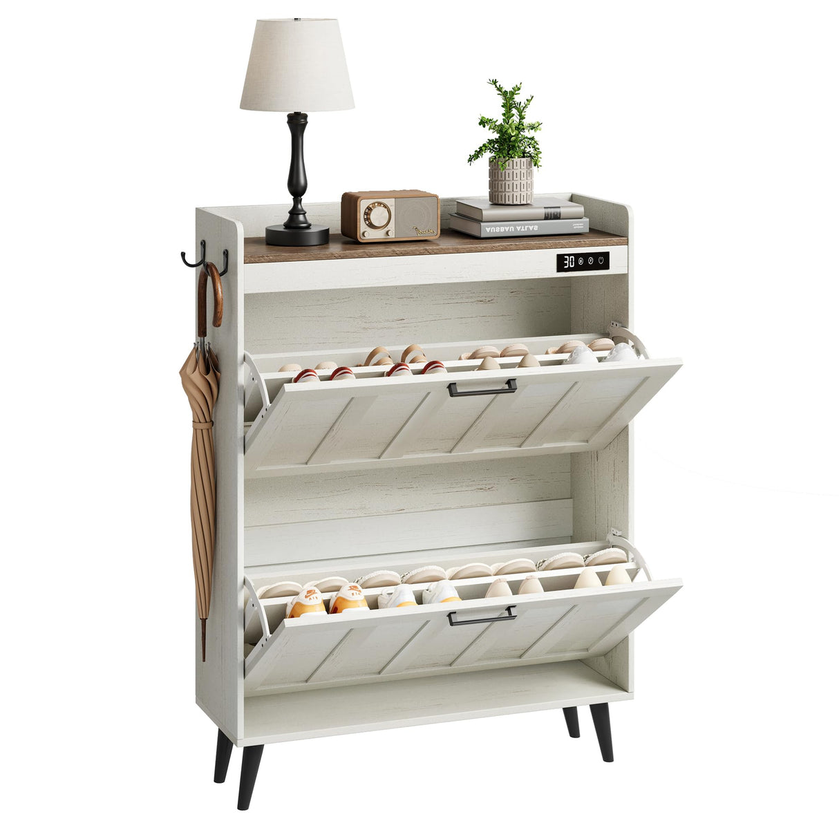 ChooChoo Shoe Storage Cabinet with 2 Flip Drawers, Deodorizing Shoe Organizer Storage for Entryway, Freestanding Hidden Slim Narrow Shoe Rack Cabinet, Antique White & Brown ChooChoo