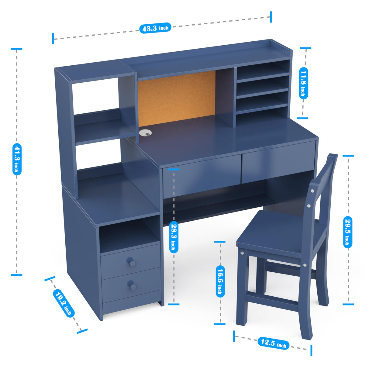 RUPOLX Blue Kids Desk and Chair Set for 5-12 Year Old, Childrens Computer Desk with 4 Drawers, Kids Study Table with Storage Shelf-4Og-40 RUPOLX