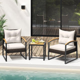 Tangkula 3 Piece Patio Conversation Set, Includes 2 Rattan Chairs and Coffee Table, Solid Acacia Wood Armrests & Tabletop, Outdoor Cushioned Wicker Furniture Set for Backyard, Poolside, Lawn, Garden Tangkula