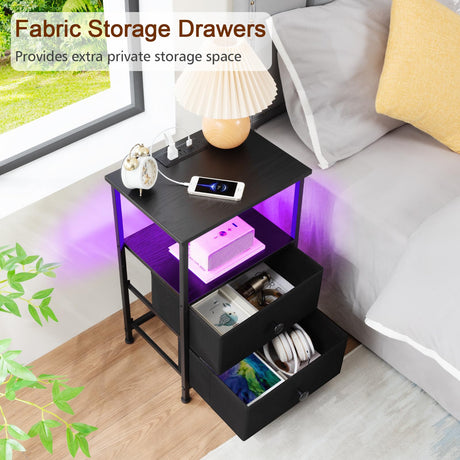 LOAKEKEL Night Stand Set 2, LED Nightstand with Charging Station, End Tables with Storage Shelf, Bedside Table with 2 Fabric Drawers for Bedroom, Small Spaces, Black, HETS02BK LOAKEKEL