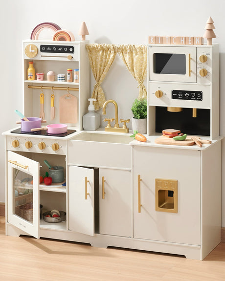 Tiny Land Play Kitchen for Kids, Toy Kitchen Set with Plenty of Play Features, New Modern Kids Wooden Play Kitchen Designed in Trendy Home Style with Curtains, Gift for Ages 3+ Tiny Land
