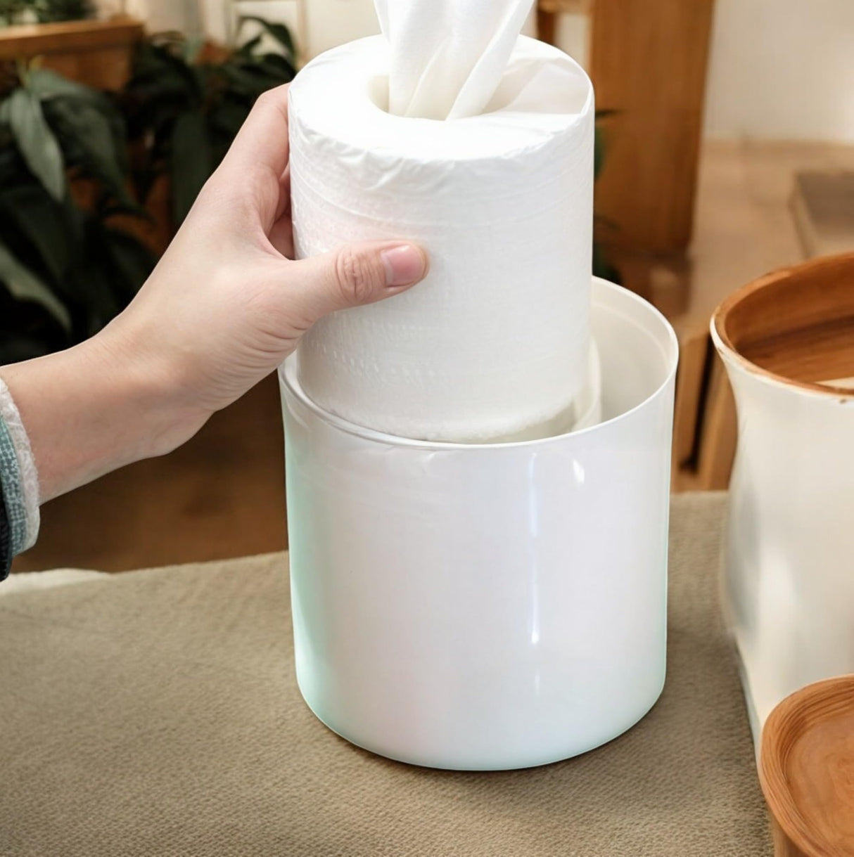 Bamboo Lid Round Tissue Holder Box 5x5'' – Decorative Toilet Paper Roll Dispenser & Dryer Sheet Case – Space-Saving Wood Organizer for Bathroom - for Paper Rolls Under 5 inches only BuleVina