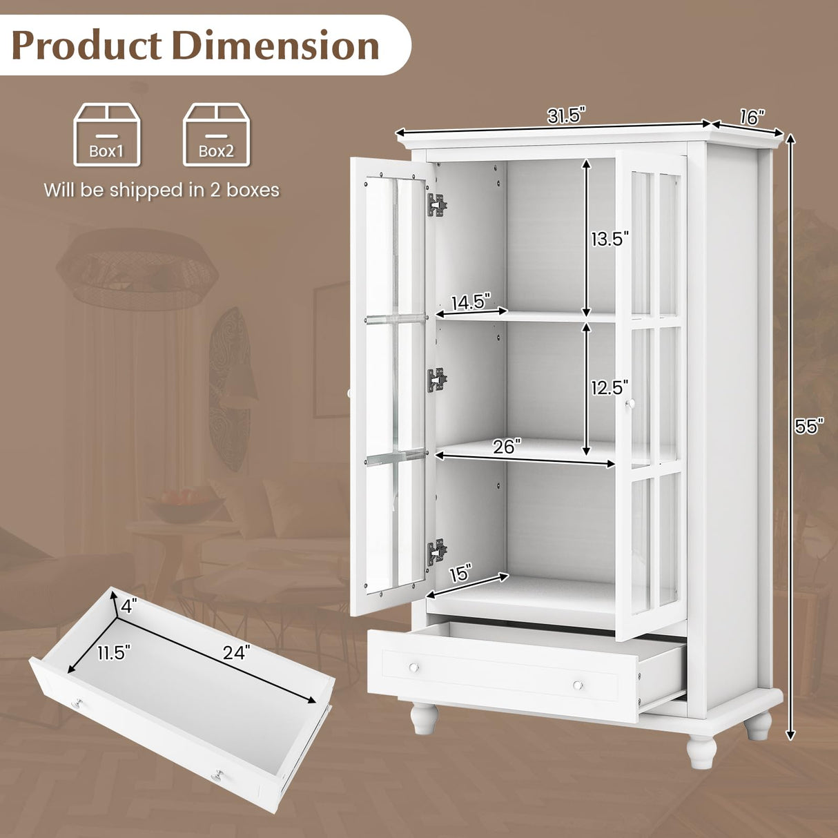 Giantex 55" White Tall Wooden Bookcase with Glass Doors, Adjustable Shelves, and Drawer Giantex