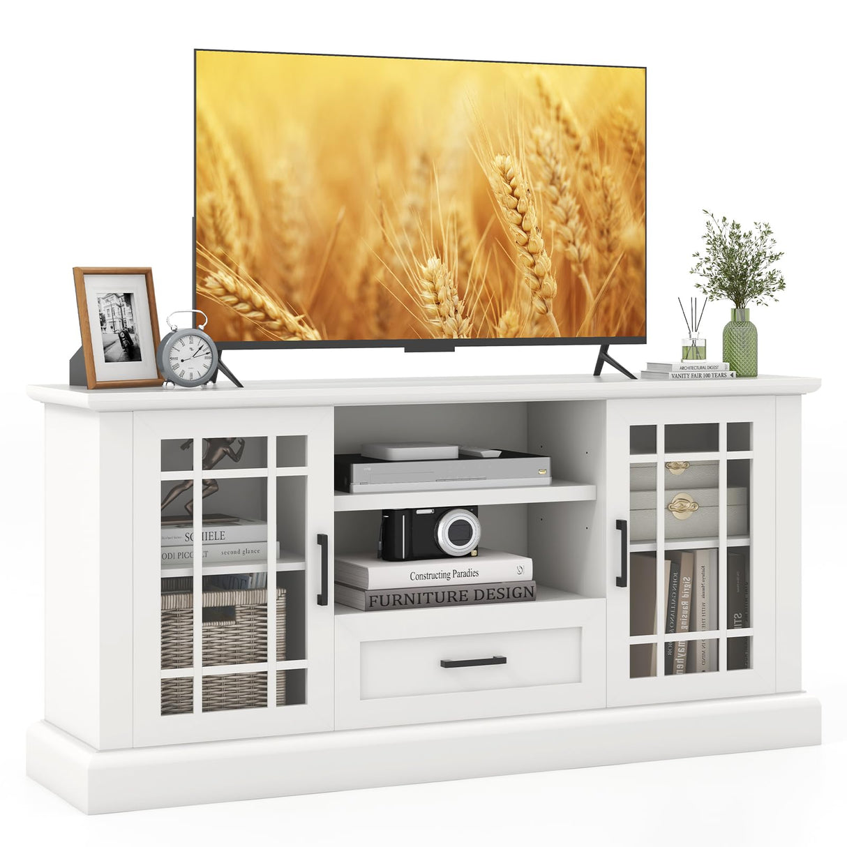 Tangkula Farmhouse TV Stand for TV up to 70 Inch, Tall Media Console Table with 2 Glass Doors, Entertainment Center with Cubbies & Drawer, Storage Cabinet or Sideboard Buffet for Living Room (White) Tangkula