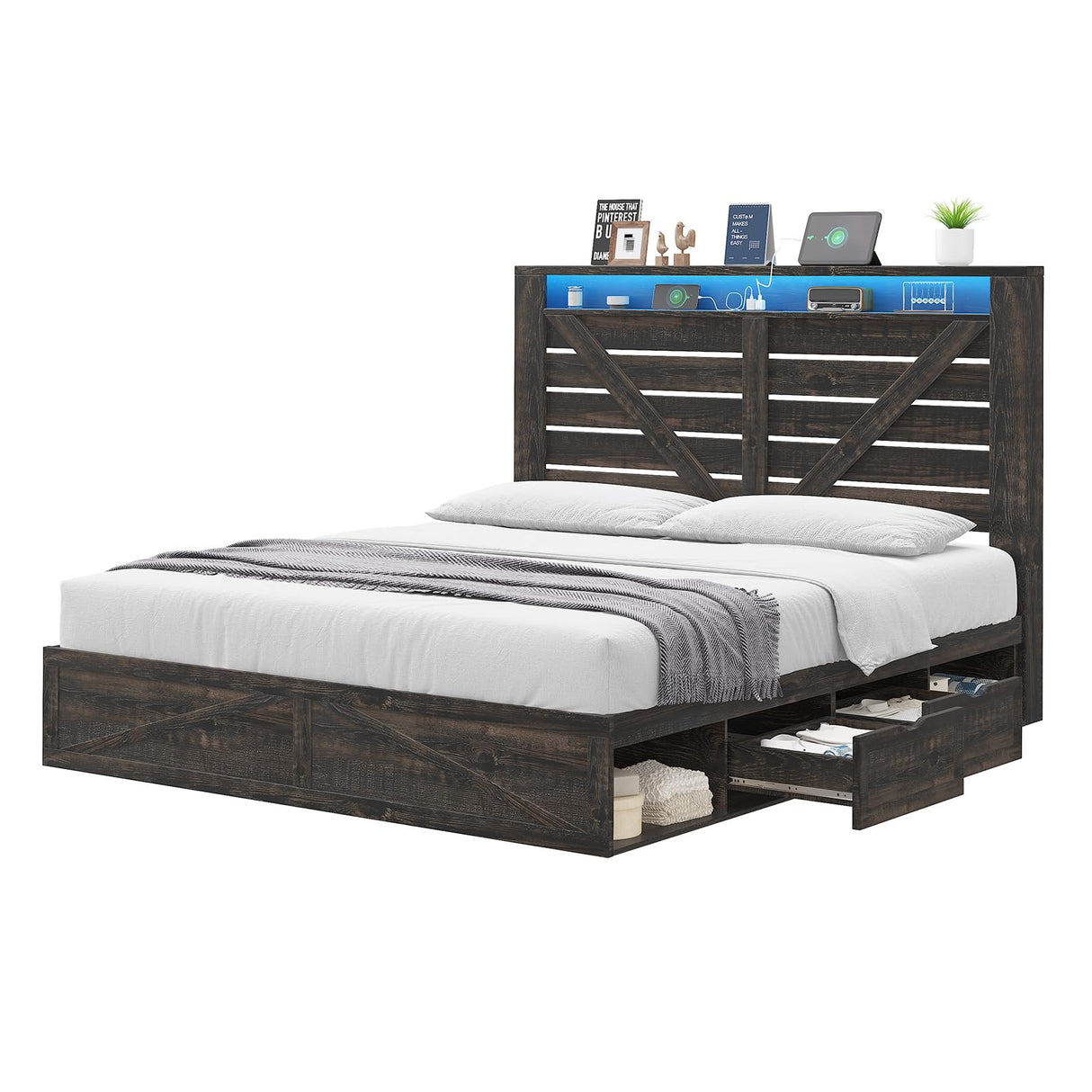 AMERLIFE Farmhouse Bed Frame with 4 Drawers & 4 Open Storage Space, Queen Size Storage Bed with LED Light & Charging Station, Wooden Slats, Noise Free, Rustic Black AMERLIFE