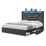 AMERLIFE Farmhouse Bed Frame with 4 Drawers & 4 Open Storage Space, Queen Size Storage Bed with LED Light & Charging Station, Wooden Slats, Noise Free, Rustic Black AMERLIFE