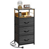 WLIVE LED Nightstand with Charging Station, Night Stand with 3 Fabric Drawers and Storage Shelf, Small Dresser for Small Space, 31.9" H Bedside Table for Bedroom, Charcoal Black Wood Grain Print WLIVE