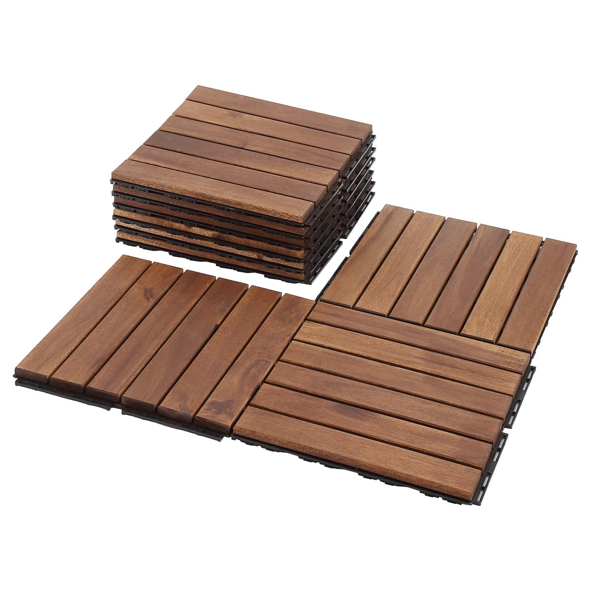 Deck Tiles - Pack of 10 Waterproof Acacia Wood Patio Tiles, Flooring Tiles for Indoor and Outdoor - Decking Stripe Pattern, Dark Brown, 12 x 12 x 1.7 inches SweetGO corporation